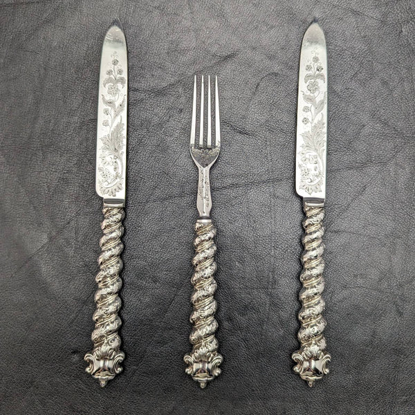 英国アンティーク ソリッドシルバーハンドル カトラリー(ナイフx2 フォークx1) MARTIN HALL